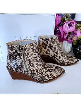 1. State | Kipp Wedge Bootie Beige Black Snake Print Leather Ankle New Size 7